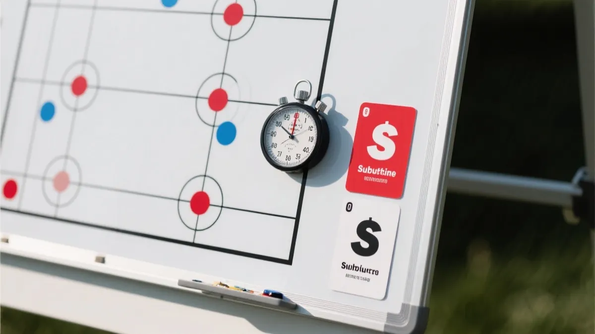 战术板与计时器元素，象征补时与换人对节奏的影响